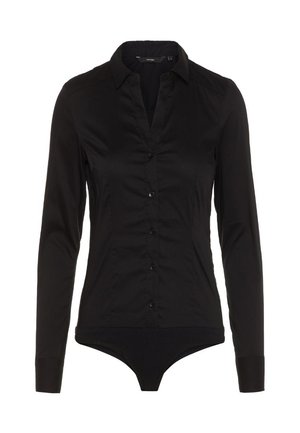 Body nero a maniche lunghe con colletto, bottoni sul davanti e design aderente. Realizzato in tessuto morbido con una finitura elegante.