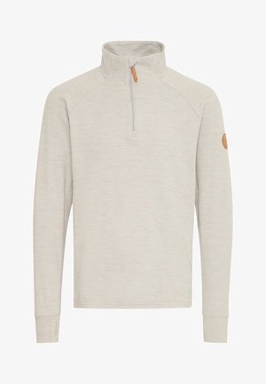 Lichtgrijze pullover met een halve rits bij de kraag, lange mouwen en een rond logo op de linkermouw. Zachte, gestructureerde stof.