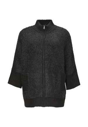 Dark gray zip-up cardigan with a ribbed collar and cuffs. Soft, textured fabric with side pockets and a relaxed fit.