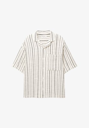 Camicia a maniche corte con bottoni di colore crema con strisce verticali nere, dotata di taschino sul petto e un fit rilassato e morbido. Tessuto testurizzato.