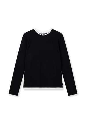 Schwarzes Langarmhemd mit weißem Kragen, das ein dezentes Logo auf der Brust und einen geraden Saum aufweist. Aus weichem Stoff gefertigt.