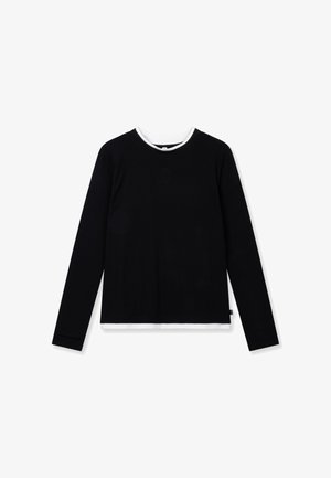 Schwarzes Langarmhemd mit weißem Kragen, das ein dezentes Logo auf der Brust und einen geraden Saum aufweist. Aus weichem Stoff gefertigt.