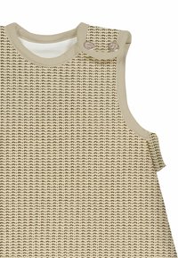Beiges Kleid aus strukturiertem, gewebtem Stoff mit einem dezenten Muster. Rundhalsausschnitt mit brauner Umrandung und Knopfakzenten an den Schultern.