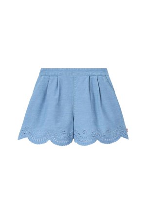 Short bleu clair taille haute, plis devant, poches latérales et ourlet festonné avec broderie ajourée.