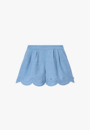 Lichtblauwe shorts met hoge taille, voorplooien, zijzakken en een geschulpte zoom met een oogjesborduursel.