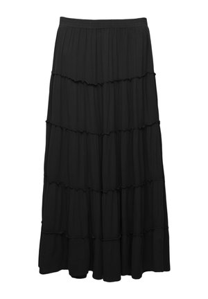 Jupe maxi noire à volants, fabriquée en tissu léger, dotée d'une ceinture élastique et de trois couches de volants horizontaux pour plus de texture.