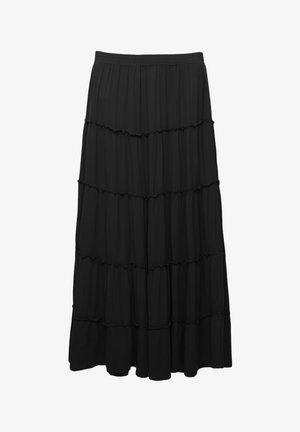 Črna maksi krila s plasti, izdelana iz lahkega materiala, z elastičnim pasom in tremi vodoravnimi nabranimi plastmi za dodatno teksturo.