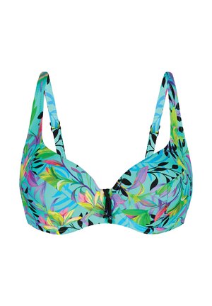 Niebieski stanik bikini z tropikalnym wzorem kwiatowym w intensywnych kolorach, z regulowanymi ramiączkami i czarnym akcentem na środku.