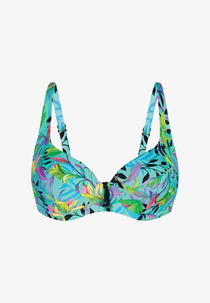 Niebieski stanik bikini z tropikalnym wzorem kwiatowym w intensywnych kolorach, z regulowanymi ramiączkami i czarnym akcentem na środku.