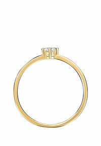 Goldener Verlobungsring mit einem schlichten Band und einem zentralen klaren Edelstein, der in einem Viererkralldesign gefasst ist, mit glatter Oberfläche.