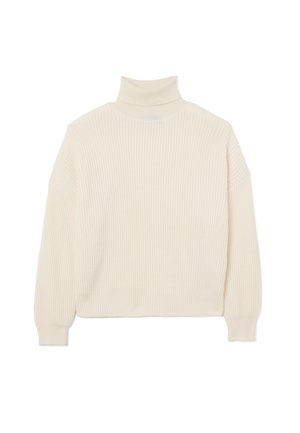 Pull en col roulé crème avec texture côtelée, coupe décontractée et manches longues. Design simple, sans motifs ni accessoires supplémentaires.