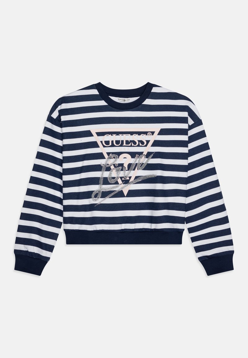 Sweatshirt court rayé bleu marine et blanc, avec un logo en forme de triangle rose et des lettres métalliques, ainsi que des embellissements le long de l'ourlet.