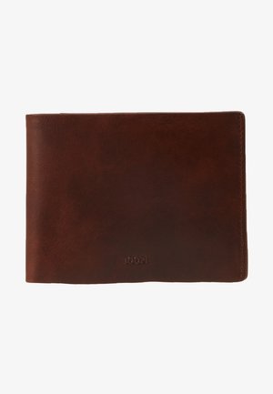 Bela usnjena denarnica z gladko površino, preprostim pravokotnim oblikovanjem in odkrito logo na spodnjem desnem kotu.