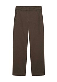 Pantaloni di cotone marroni con una vestibilità rilassata, gambe dritte, tasche laterali e parte anteriore piatta. Texture liscia e dettagli minimi.