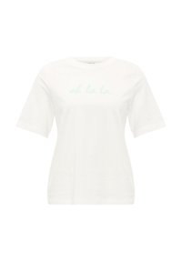 Hvid bomulds t-shirt med korte ærmer og rund hals. Har lys blå broderet tekst "oh la la." på forsiden.