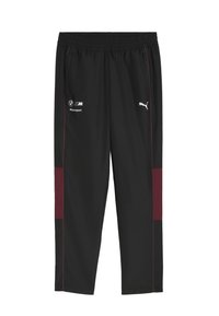 Sorte træningsbukser med elastisk talje. Udstyret med bordeauxfarvede sidelister og logos: BMW Motorsport og Puma i hvid. Glat tekstur.