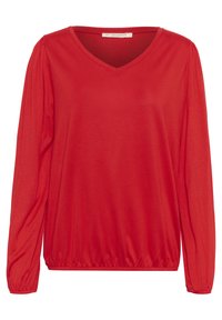 Rotes Langarm-V-Ausschnitt-Oberteil mit gerafften Ärmeln, elastischem Saum und glatter Textur. Es zeichnet sich durch ein einfaches, klassisches Design aus.