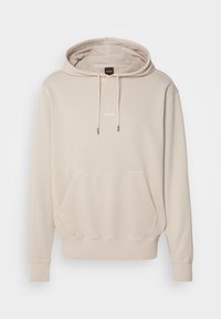 Beige luvtröja med huva, framficka i kangurumodell, mudd i ärmslut och nederkant. Har en diskret logga tryckt på bröstet. Mjukt material.