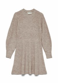 Beige Strickkleid mit langen Ärmeln, rundem Ausschnitt und leicht ausgestellt geschnittenem Saum, innen am Kragen mit "AWARE" beschriftet.