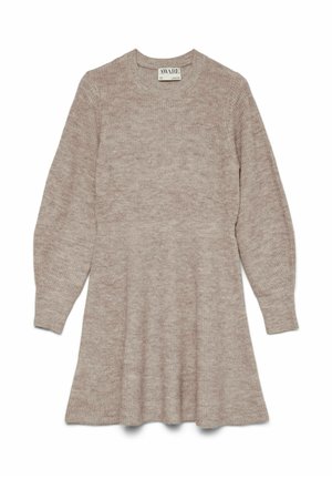 Beige stickad långärmad klänning med rund halsringning och en lätt utställd kjolslut, märkt "AWARE" inuti kragen.