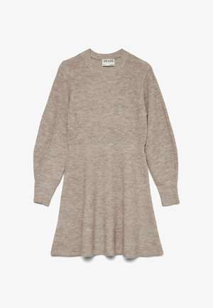 Vestido de punto beige de manga larga con escote redondo y un dobladillo de falda ligeramente acampanado, etiquetado "AWARE" en el interior del cuello.