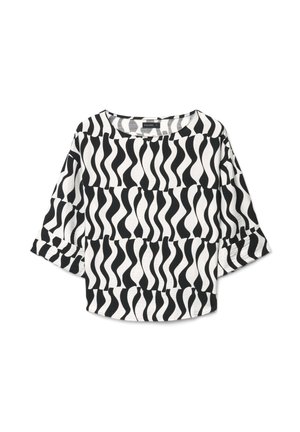Schwarz-weiß wellenförmig gestreifte Bluse mit langen Ärmeln, rundem Ausschnitt und weiter Passform.