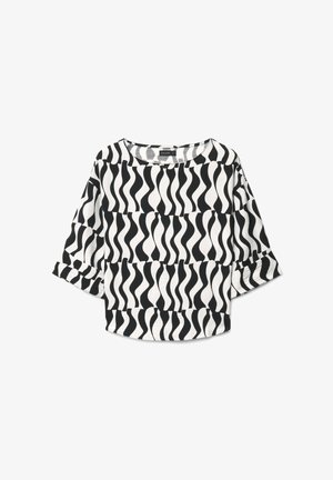 Schwarz-weiß wellenförmig gestreifte Bluse mit langen Ärmeln, rundem Ausschnitt und weiter Passform.