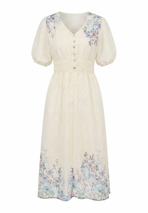 Crèmekleurige midijurk met pofmouwen, geplooide taille, knoopsluiting aan de voorkant, oogjesstof en blauw- en paarsgekleurde bloemenpatronen op de schouders en zoom.