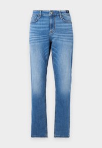 Jeans din denim de un albastru deschis, cu o croială dreaptă, design cu cinci buzunare, închidere frontală cu buton și decolorare subtilă pe coapse.