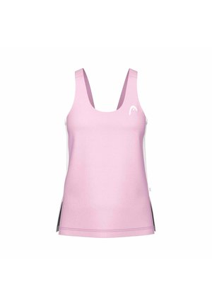 Lichtroze mouwloos sporttopje met ronde hals en klein wit logo aan de bovenkant links.