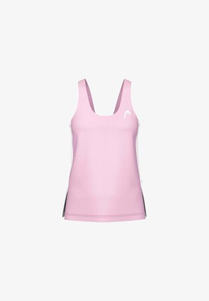 Débardeur sportif sans manches rose clair avec encolure dégagée et petit logo blanc en haut à gauche.