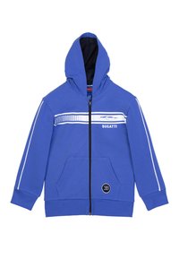 Felpa blu con zip realizzata in cotone, dotata di due tasche frontali, un rivestimento interno nero a contrasto e dettagli a strisce bianche sul petto.