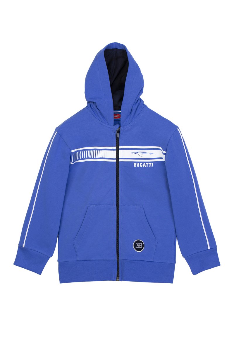 Felpa blu con zip realizzata in cotone, dotata di due tasche frontali, un rivestimento interno nero a contrasto e dettagli a strisce bianche sul petto.