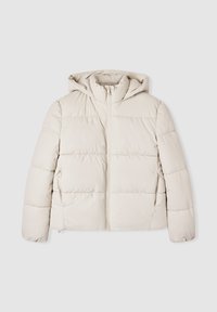 Jasno beżowa kurtka ocieplana z kapturem, z przednim zamkiem błyskawicznym i bocznymi kieszeniami, zaprojektowana na zimne dni.