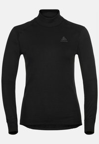 Black long-sleeve turtleneck made of stretchable fabric, featuring a fitted design and a subtle logo on the left side.