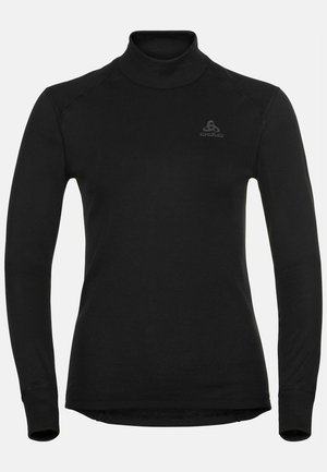 Schwarzes Langarm-Turtleneck aus dehnbarem Stoff, mit figurnahem Schnitt und einem dezenten Logo auf der linken Seite.