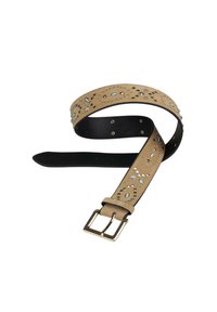 Tan suède riem met een zwarte leren achterkant, met metallic studs en decoratieve uitsnijdingen. Gouden metalen gesp.