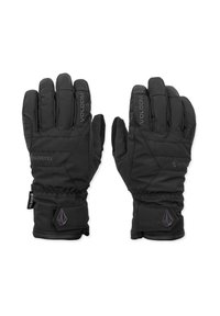 Guanti impermeabili neri in Gore-Tex. Caratteristiche includono una presa testurizzata, polsino elastico e dettagli con logo cucito. Design isolante.