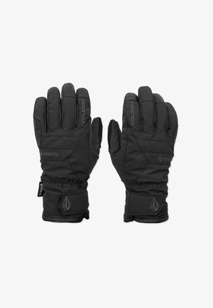 Black waterproof gloves made of Gore-Tex. Features include a textured grip, elastic wrist, and stitched logo accents. Insulated design.