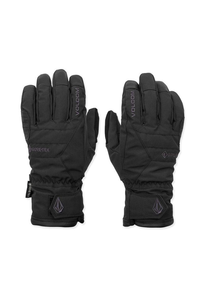 Guanti impermeabili neri in Gore-Tex. Caratteristiche includono una presa testurizzata, polsino elastico e dettagli con logo cucito. Design isolante.