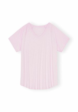 Ljusrosa kortärmad T-shirt med V-ringning, gjord av mjukt tyg. Har en avslappnad passform och rundad nederkant för komfort.