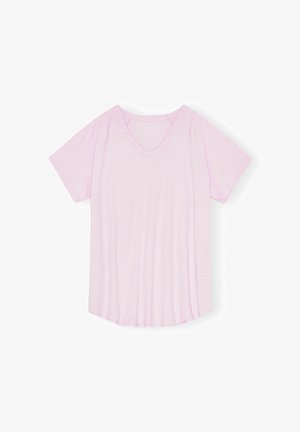 Világos rózsaszín, rövid ujjú póló V-nyakkal, puha anyagból készült. Lazább szabása és kerekített szegélye a kényelmet szolgálja.