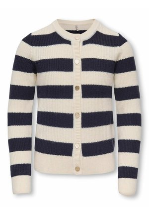 Megztas kardiganas su plačiomis besikeičiančiomis jūrinės mėlynos ir kreminės spalvos horizontaliosiomis juostomis, auksiniais mygtukais ir ilgomis rankovėmis.