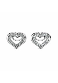 Orecchini a forma di cuore in tono argento con un design a doppio strato. Il bordo esterno è decorato con pietre preziose trasparenti, creando un effetto scintillante.