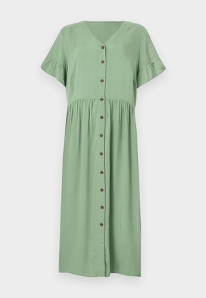Robe midi vert clair avec manches courtes à volants, col en V et fermeture boutonnée à l'avant avec des boutons marron.