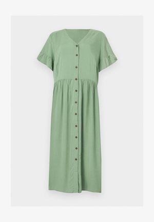 Robe midi vert clair avec manches courtes à volants, col en V et fermeture boutonnée à l'avant avec des boutons marron.