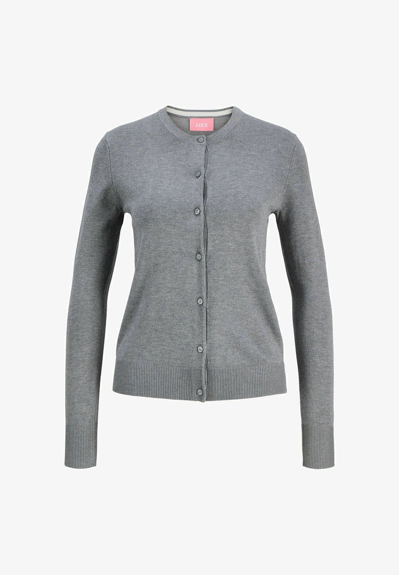 Grijze cardigan met een ronde halslijn, knopen aan de voorkant en geribbelde manchetten en zoom van een zachte, gestructureerde breisel.