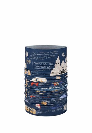 Braga tubular azul con ilustraciones y texto que hace referencia a Santiago de Compostela y a los lugares emblemáticos a lo largo de la ruta de peregrinación.