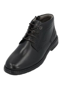 Schwarze Leder-Ankle-Boots mit strukturiertem Obermaterial, runder Zehenpartie, Schnürverschluss und gepolstertem Innenfutter. Die Gummisohle sorgt für Langlebigkeit.