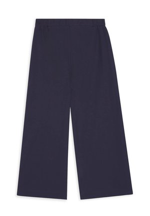 Pantalon large bleu marine court avec taille élastique et ourlet droit sur fond blanc.